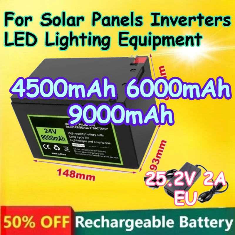 

18650 Rechargeable Lithium Battery 24V 4500mAh-9000mAh for Solar Panels Inverters LED Lighting Equipment Battery +25.2V Charger