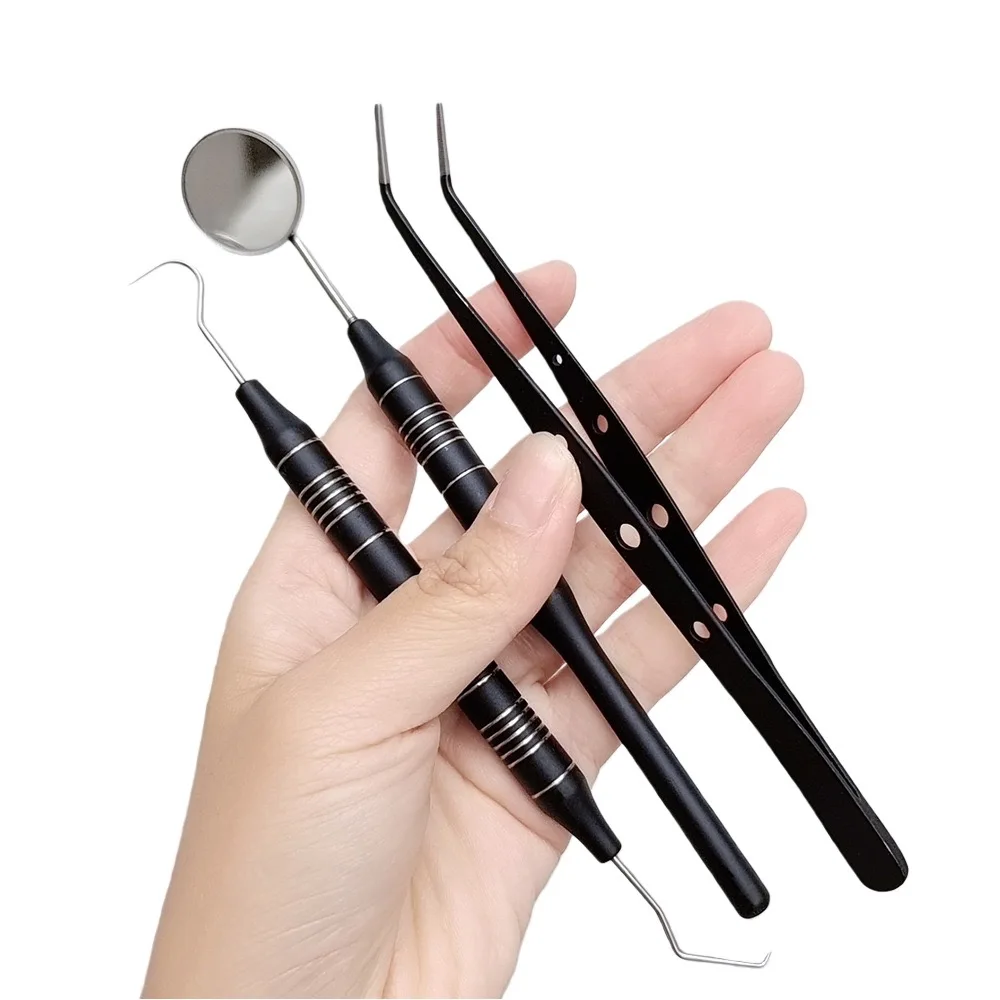 3pcs/set Dental Care Instruments Kit Mouth Mirror Tweezers Curve Probe for Teeth Cleaning and Oral Examination by Dentists