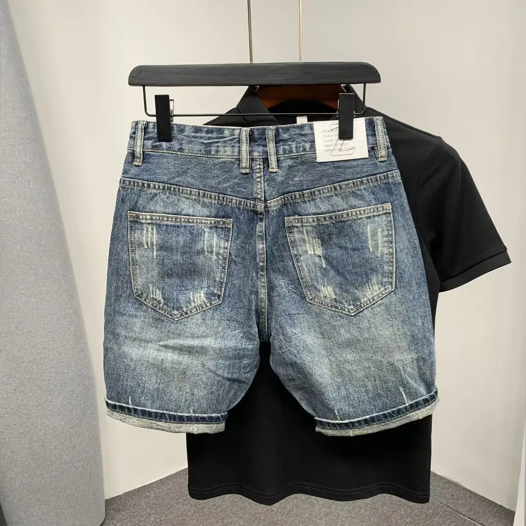 Pantalones vaqueros sencillos para hombre, Shorts ajustados con barba de gato Social, 5 puntos, estilo británico, moda de verano, novedad