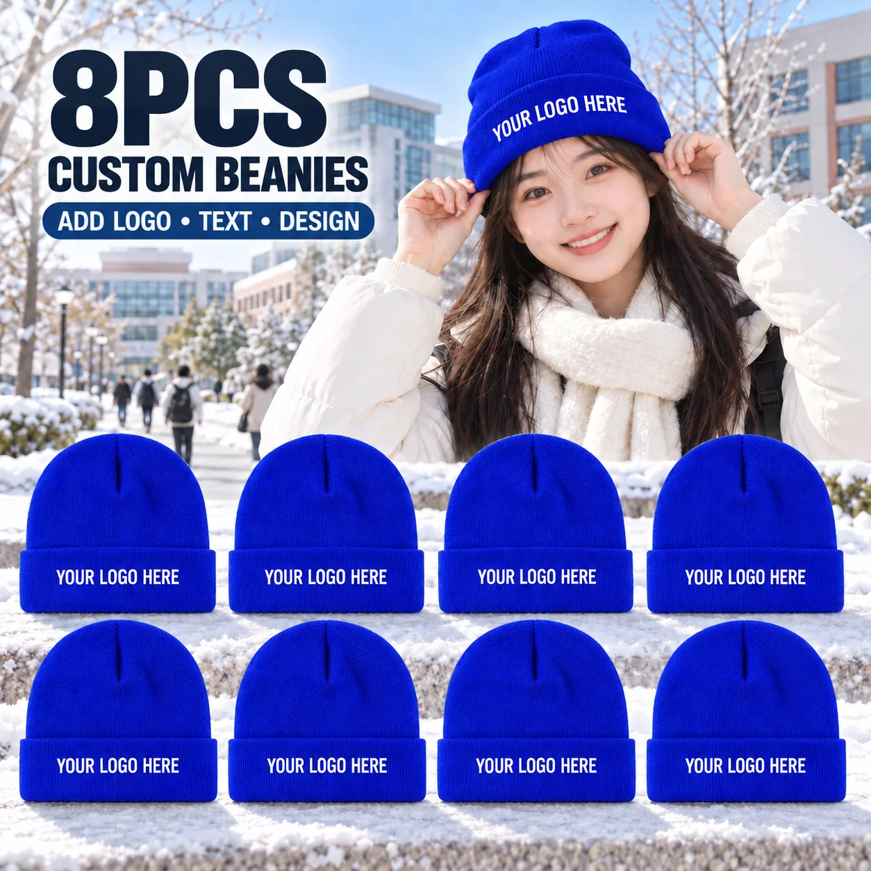 8-Pack Custom Logo/Photo Beanies, Personalized Ted Hats, Winter Warm Brimmed Caps, Soft Stretch Unisex Cold Weather Hats,