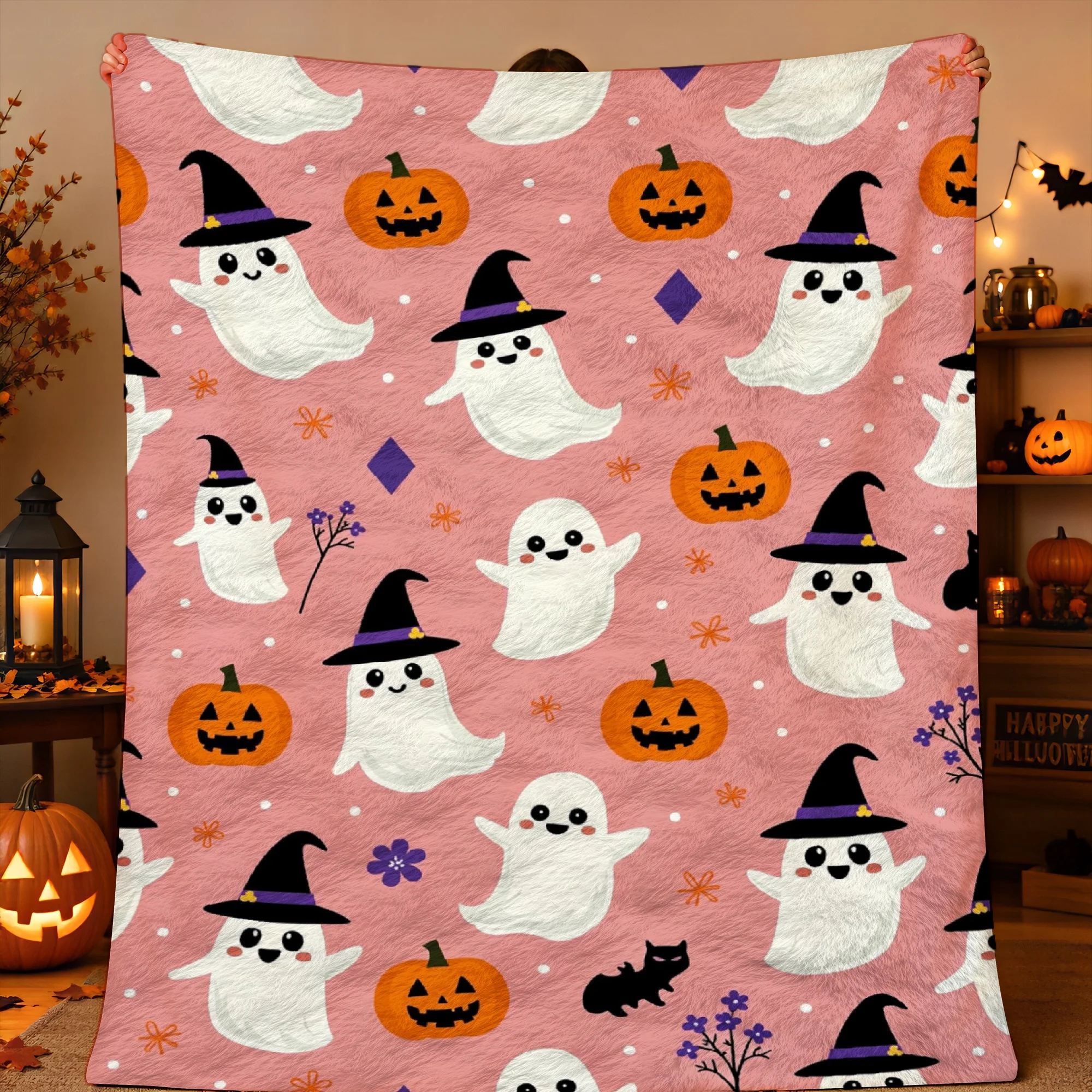 1pc 2D Printed Cute White Ghosts Witch Hats Orange Pumpkins Pink Background Halloween Throw Blanket Warm Soft Comfortable for So