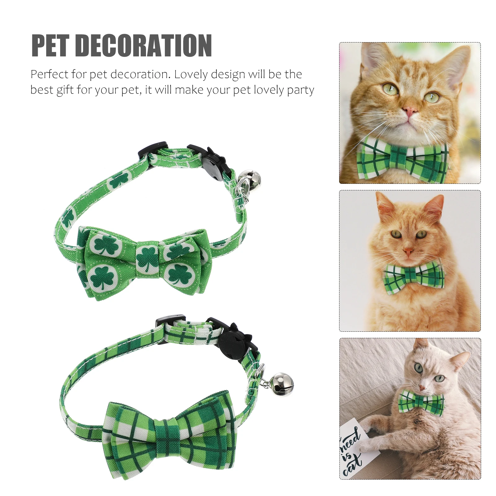 

2Pcs Cat Collar Premium Fabric Daily Use St Patrick's Day Bowtie Removable Elastic Melodious Bell Stylish Pet Necklace Dog