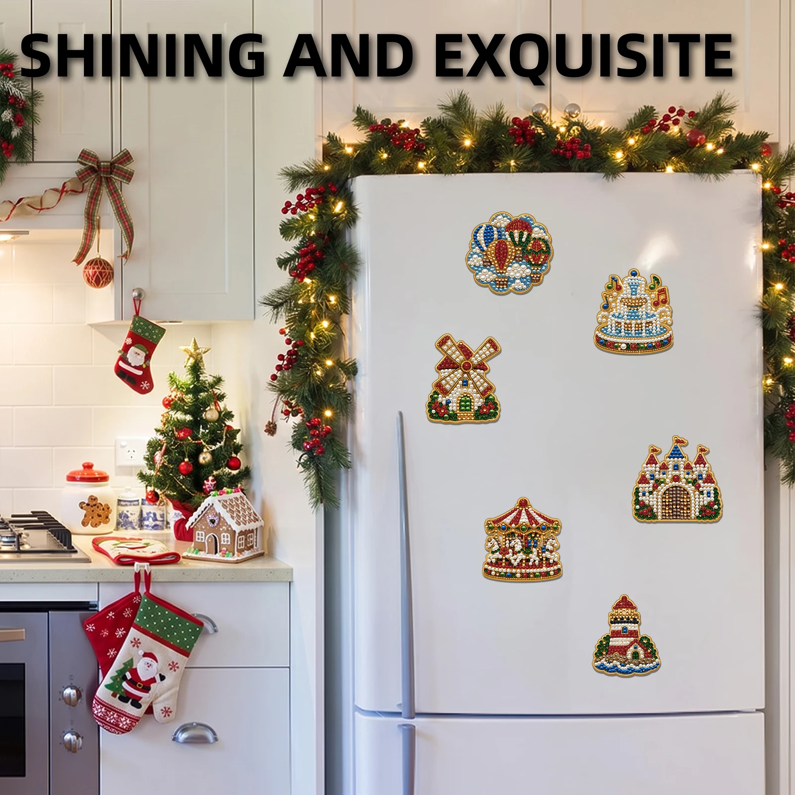 6Pcs Christmas Pearl Diamond Painting Magnets DIY Kit Resin Gems Fridge Acrylic Craft Sticker Set