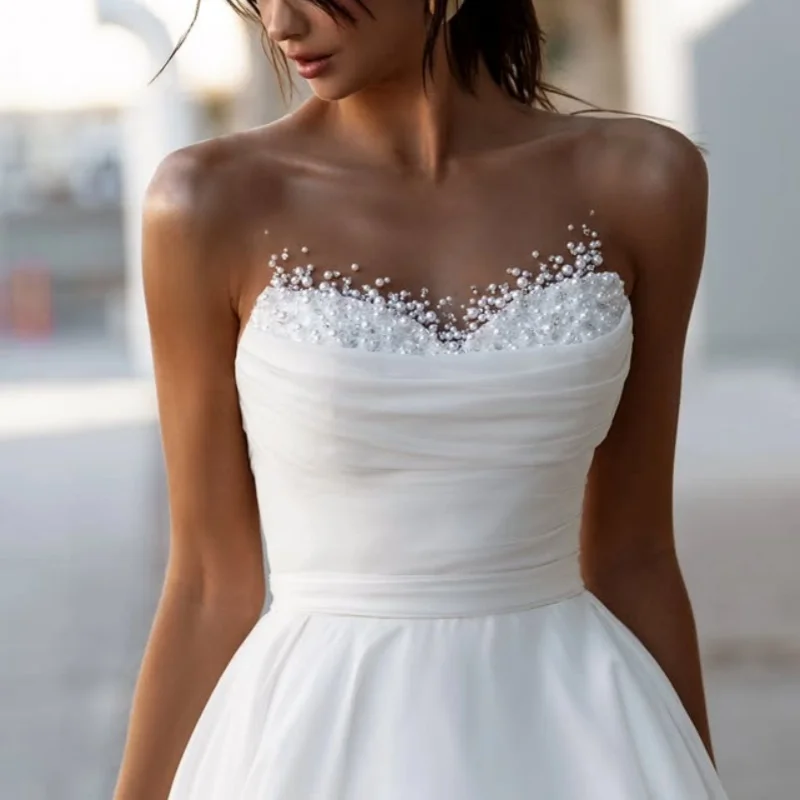 

White Appliques Lace Wedding Dresses of off-shoulder decal pearl detachable Bridal Gowns Made Customized