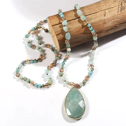 New Bohemian Women's Necklace 6mm Natural Stone Glass Chip Stone Knot Necklace Cut Drop Pendant Sweater Chain Necklace