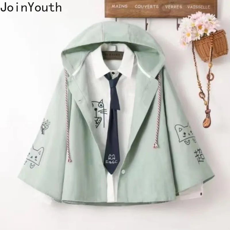 Veste Japonaise à Capuche pour Femme, Streetwear, Imprimé Chat, Fermeture Éclair, Vêtements d'Extérieur Respirants, Mode Décontractée, Mignon, Combiné Y2k, 2024