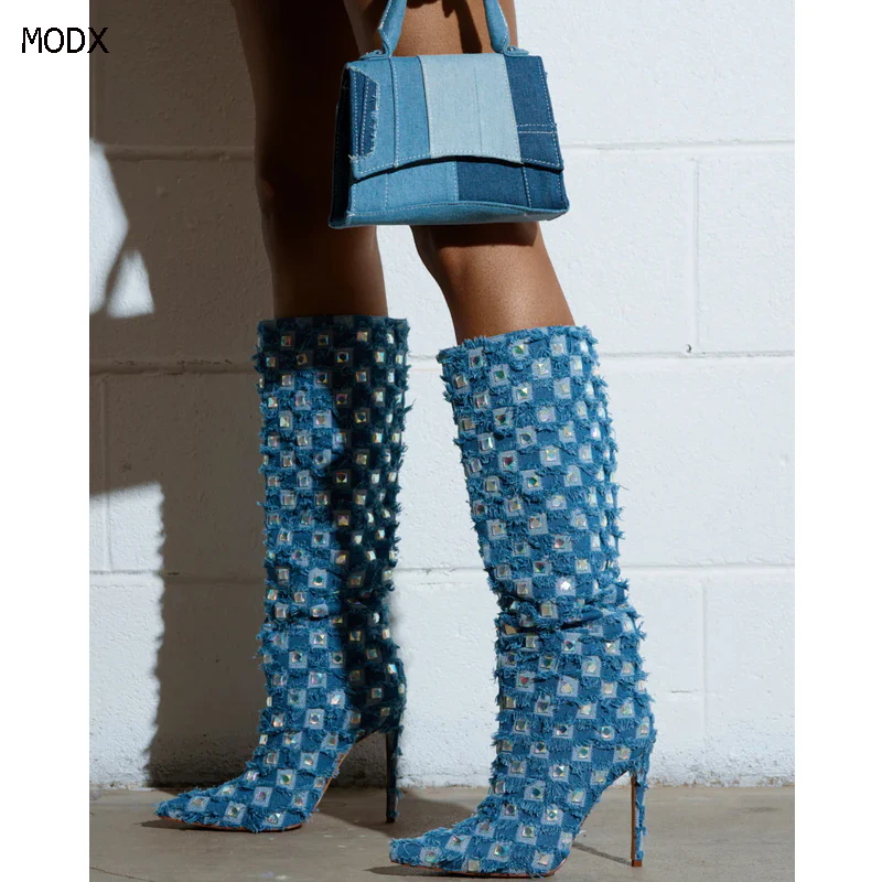 

Новинка 2023 года, женские сапоги до колена с заклепками в стиле панк, джинсы с острым носком на тонком каблуке, винтажные стильные сапоги для верховой езды, женская обувь 44