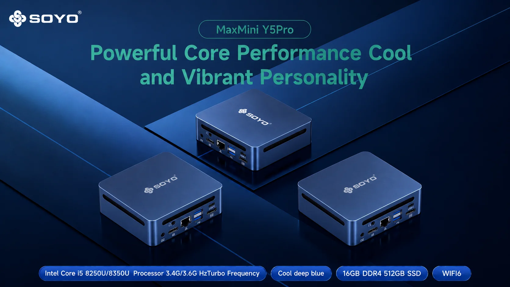 SOYO Y5 Pro Mini PC Intel 8th Gen i5 620 Graphics 16GB DDR4 RAM 512GB SSD 2×HDMI Type-C 4×USB WiFi6 BT5.2 Windows 11 Pro