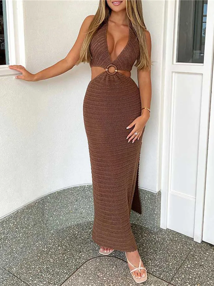 Hirigin Sexy Cut Out Maxi Dress senza maniche scava fuori abiti aderenti Halter Neck Backless Slim Fit Night Party Beach prendisole