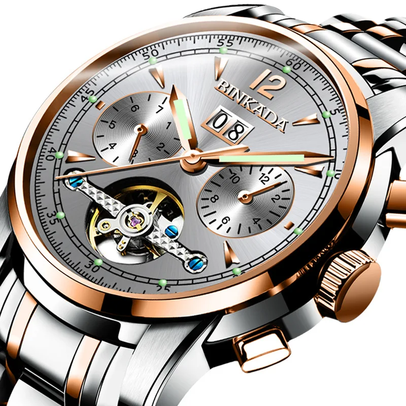 

BINKADA Mens Watch Automatic Mechanical Tourbillon Slef-Wind Luxury Stainless Steel Strap Waterproof Luminous Date Wrist Watch