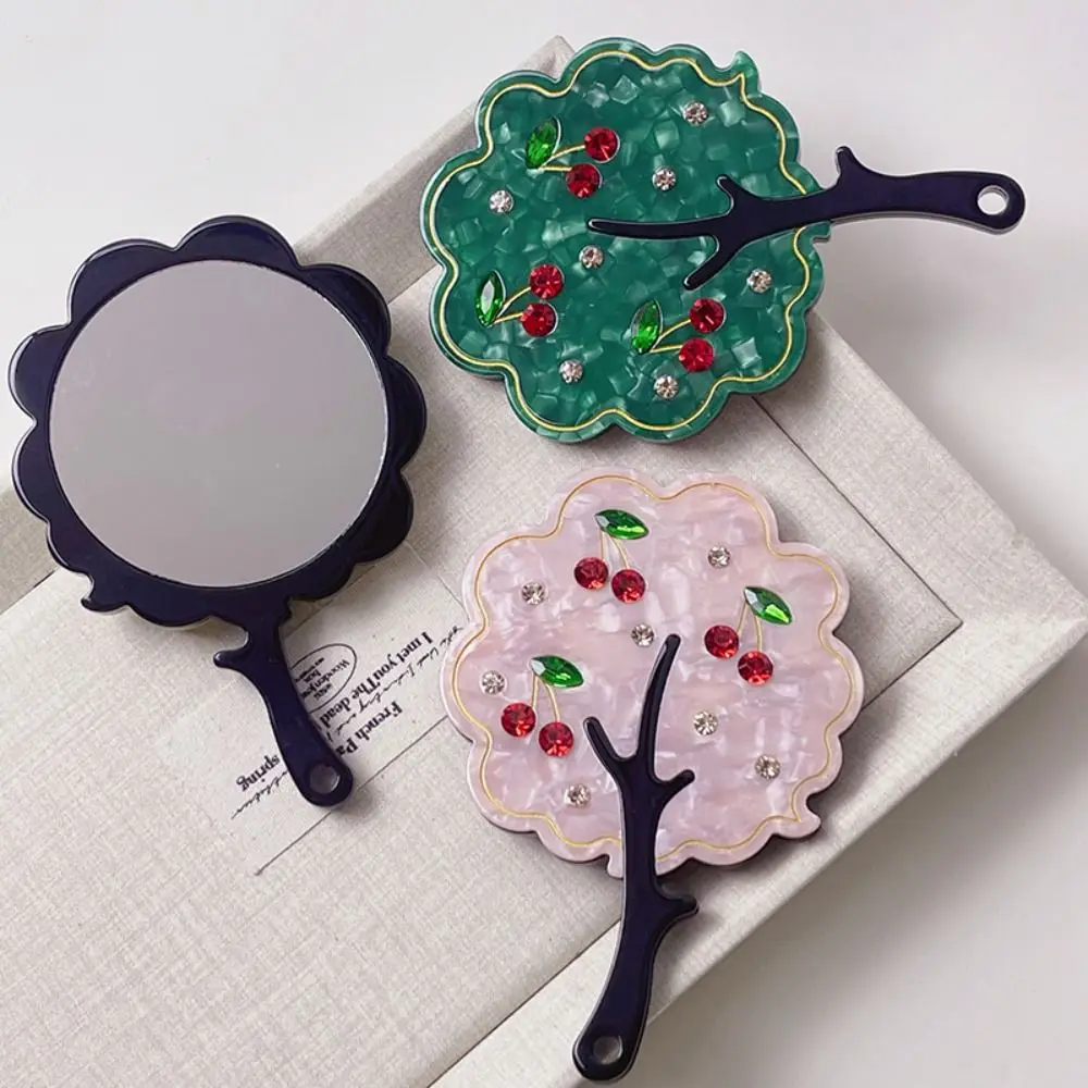Moda cereja acetato espelho de maquiagem strass colorido forma de árvore espelho à prova de poeira alça dos desenhos animados espelho portátil ferramenta de maquiagem