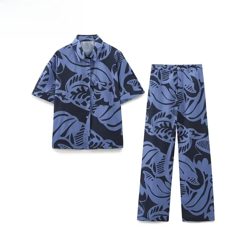 

ZBZR Spring New Women's Faion Set Floral Print irt And Pants Polyester Fiber ort Sve Long Pants Button Closure