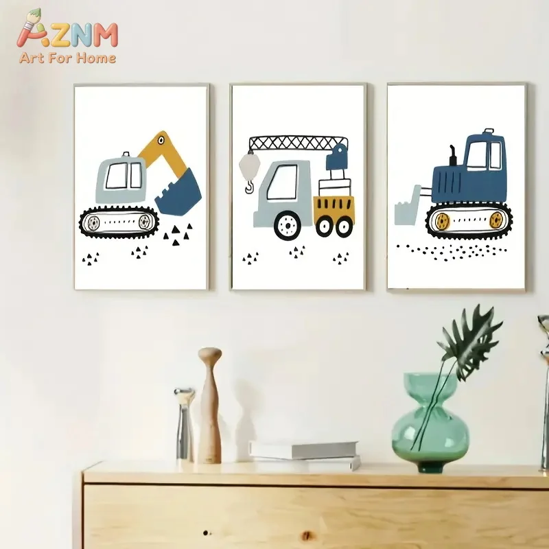 3pcsAZNM Cartoon Construction Vehicle Excavator Crane Canvas Wall Art, UV Resistant Gallery Giclee Print Kids Nursery Poster, 27
