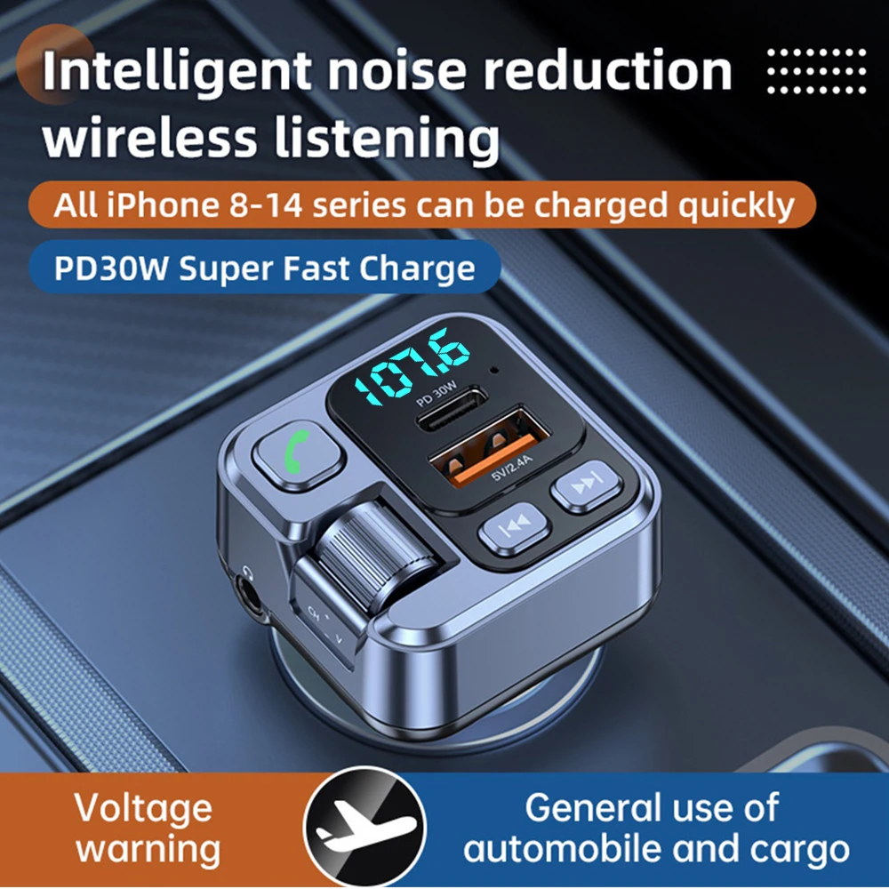Bluetooth 5.1 Car FM Transmitter Car MP3 Stereo Music Player Handsfree 3.5mm Aux Wireless Car Kit 30W PD USB-C Fast Charger