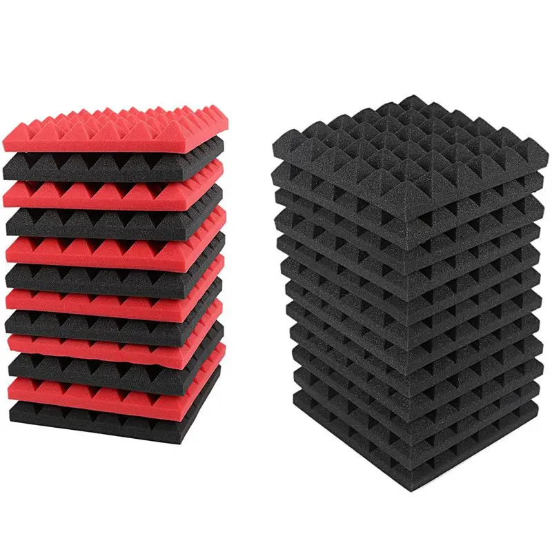

24 Pcs Charcoal Acoustic Foam Tiles Soundproofing Foam Panels Studio Sound Padding 2 X 10 X 10 Inch(Black+Red & Black)