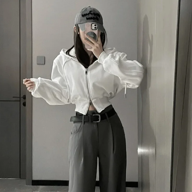 Casual Short Hooded Sweatshirt Women Zip Up Hoodies Korean Solid Harajuku Long Sleeve Slim Fit Crop Top Female Jackets Coat Y2k