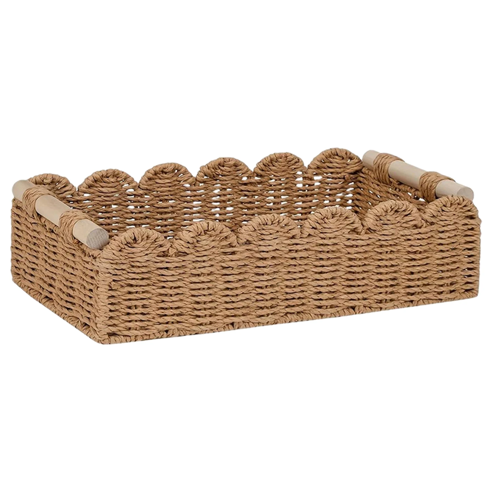 Storage & Decor Scalloped Edge Paper Rope Basket Wooden Handles Neutral Color Decor Basket Storage Basket Home Decor