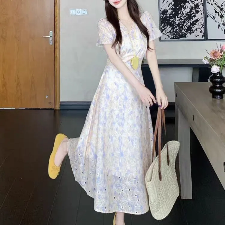 French Floral Print Summer Dress Women's Bubble Sleeve Slimming Waist Fresh Long Dress Elegant Sweet Style Casual Beachwear