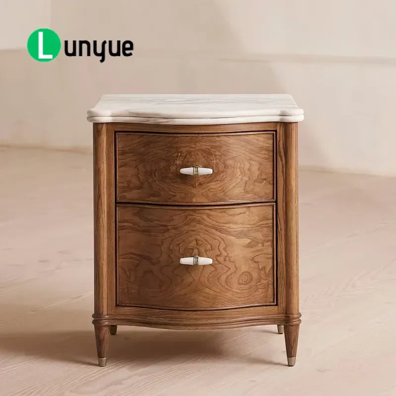 American Retro Wood Bedside Table Double Marble Top Handmade Side Cabinet with Marble Handle Vintage Nightstand for Bedroom