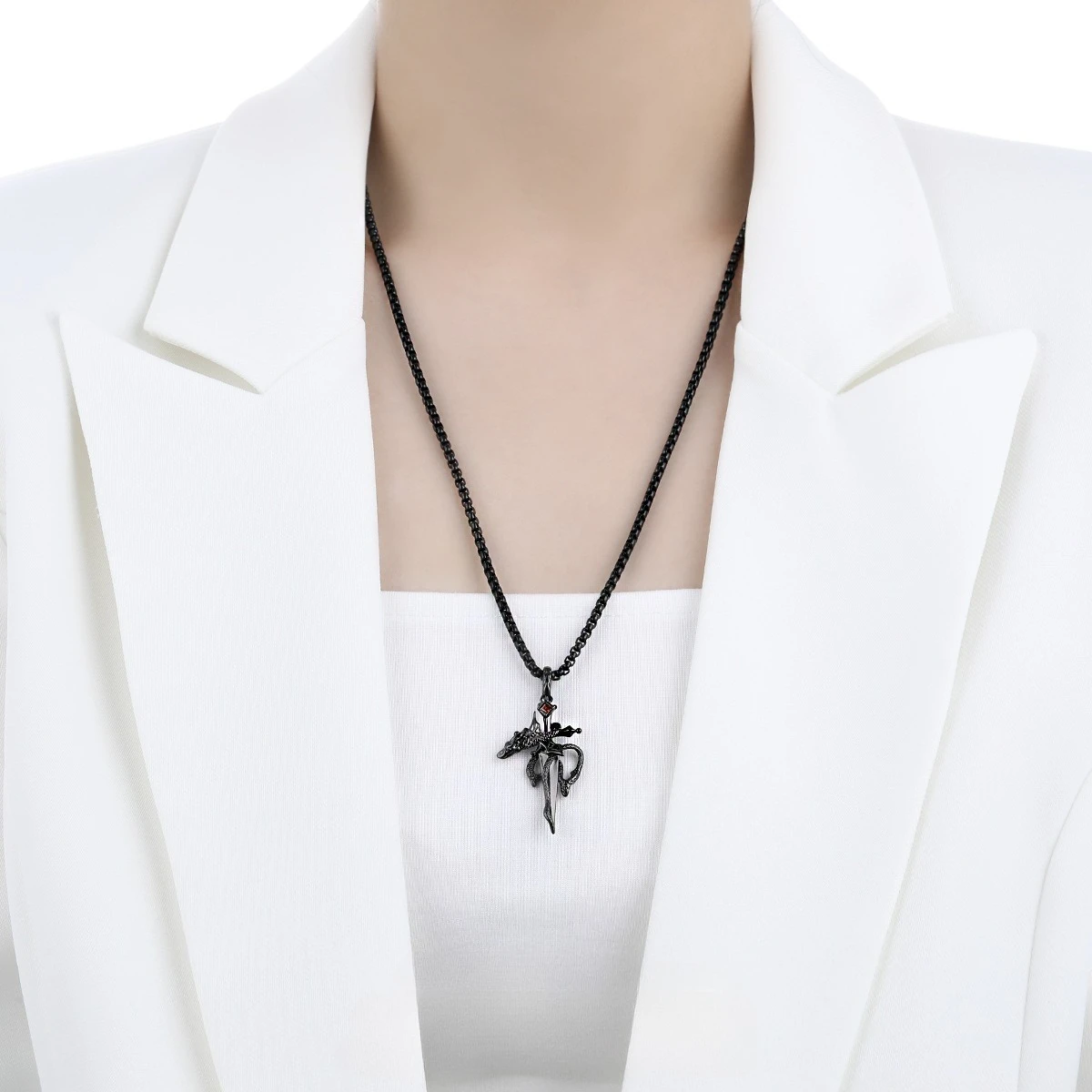 Dark Style Dragon Wrapped Sword Cross Necklace Stainless Steel Tarnish Resistant Hip Hop Sweater Chain Gothic Jewelry