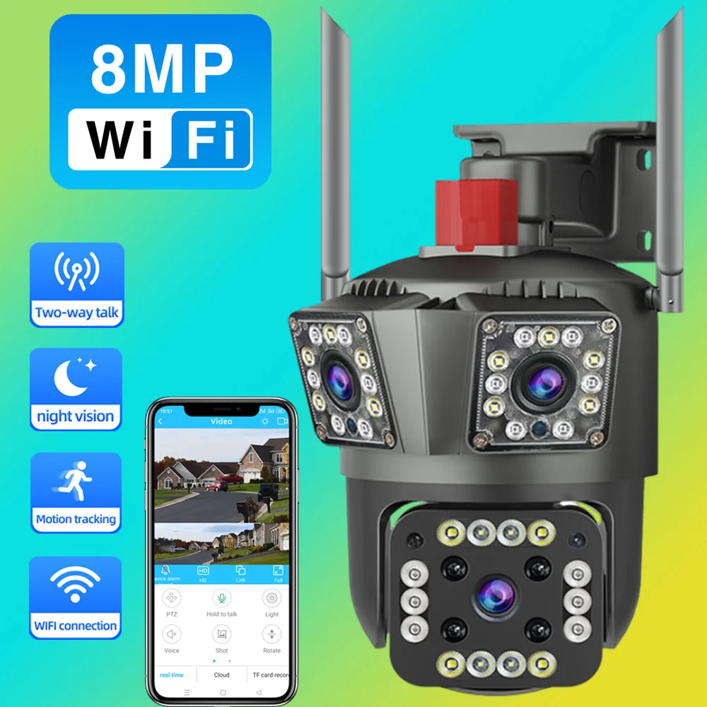 Câmera de segurança WiFi para casa inteligente, câmeras CCTV sem fio, zoom 8X, câmera de vigilância de três lentes, rastreamento automático, IP 8MP