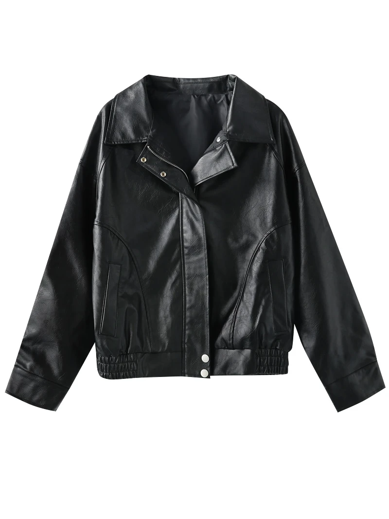 Brown Leather Jaet Women's Loose Motorcycle Sle ort Soft Leather Coat Vintage American Jaet Spring Autumn Outerwear