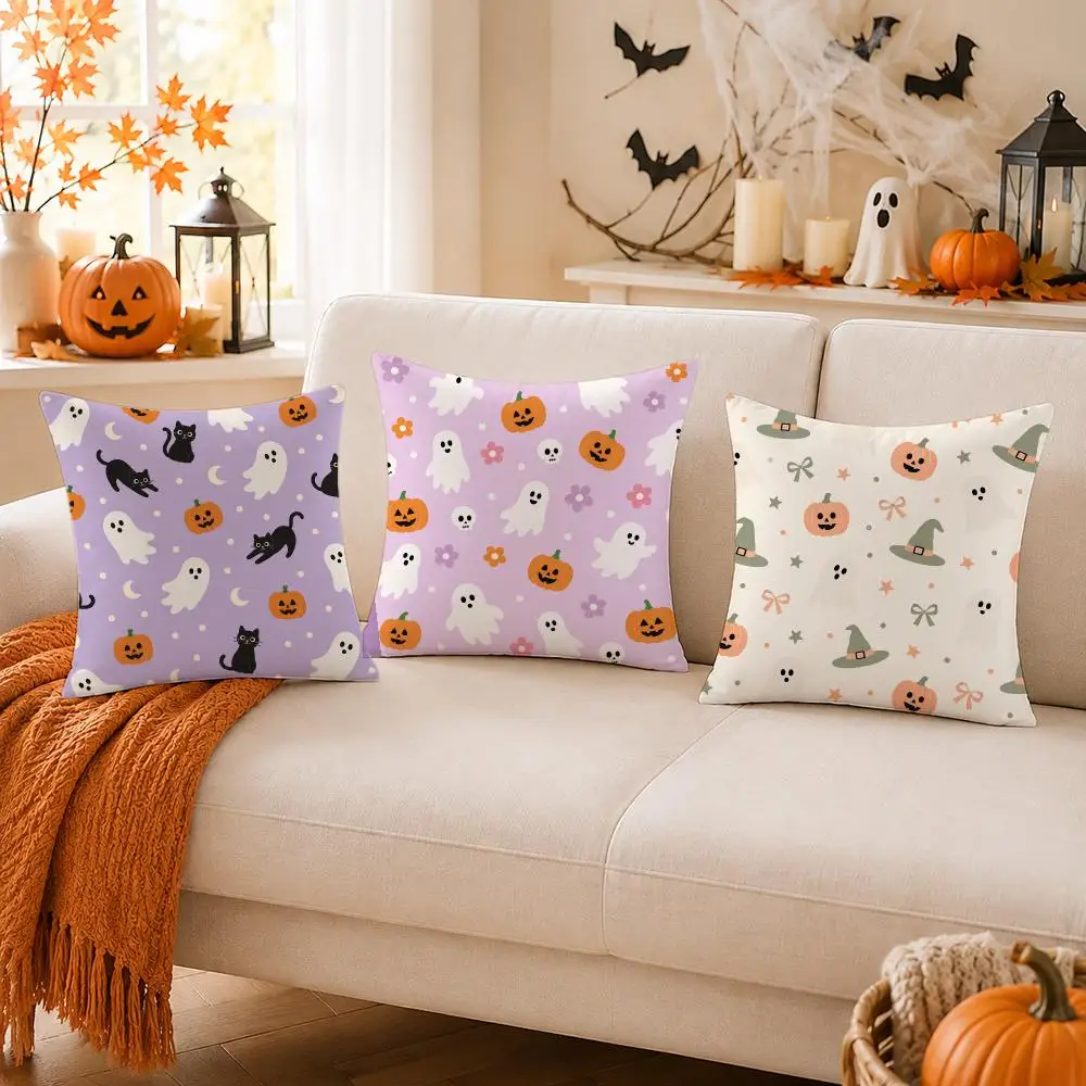 Macaron Cartoon Halloween Seamless Patterns Cushion Cover Skin-Soft Pillow Cover Festive Home Accent Great Gift for Sofa Bed