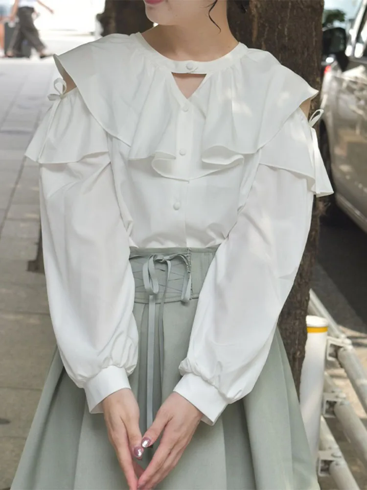 

Ele Long Sve oulder Bared Floral Print Women's irt with Ruffle Hem And Bow Tie Detail Commute Sle Pure Color CI9...