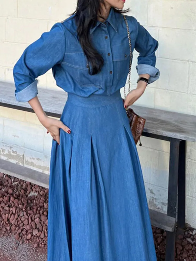 [EWQ] Women Single Breasted Denim Shirt+ High Waist A-line Skirt Fashion Two-piece Suit 2024 Spring Autumn New Ladies Set 6Y7250