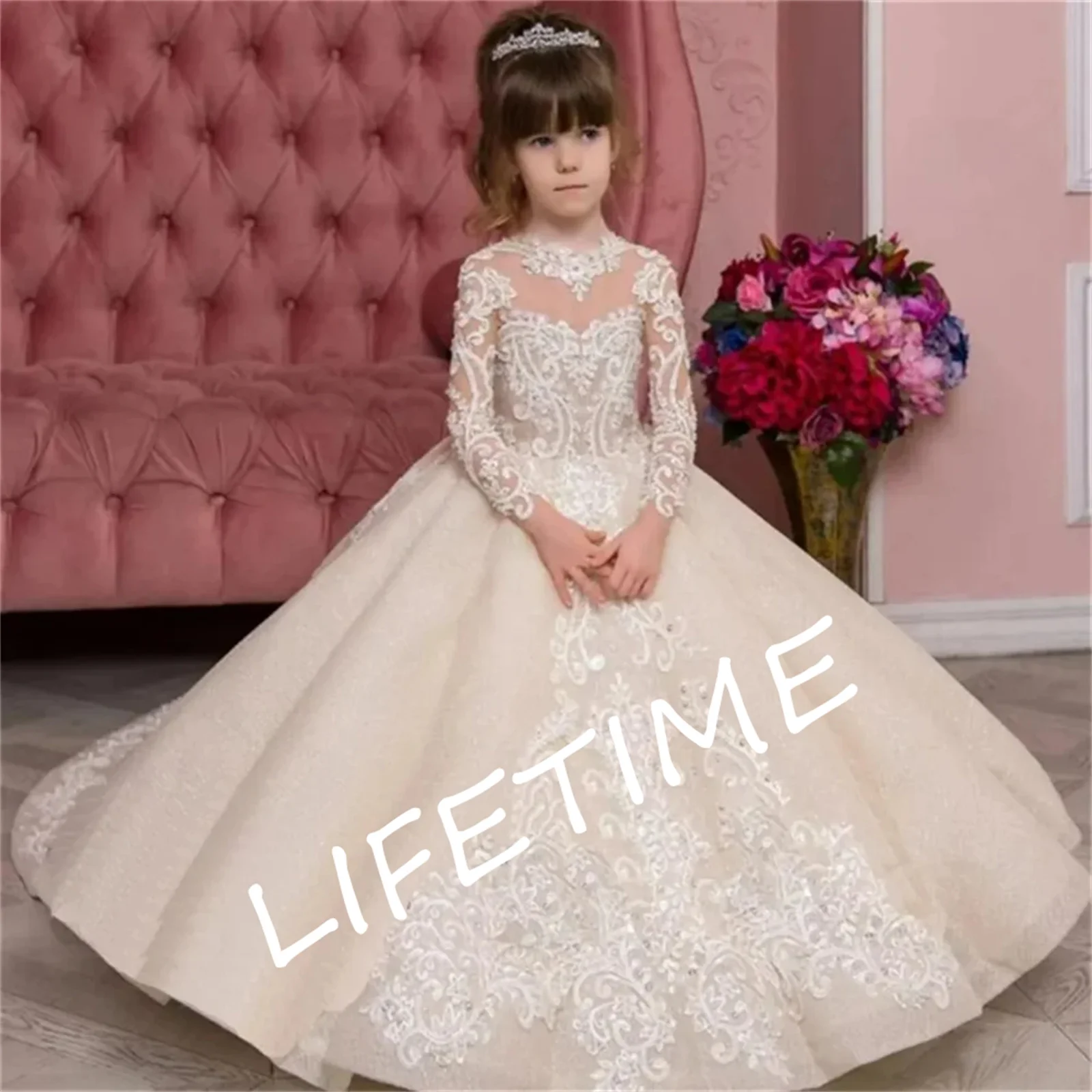 Lindo vestido florido para crianças, marfim, fofo, cetim, manga comprida, renda, casamento, elegante, primeira comunhão, personalizado