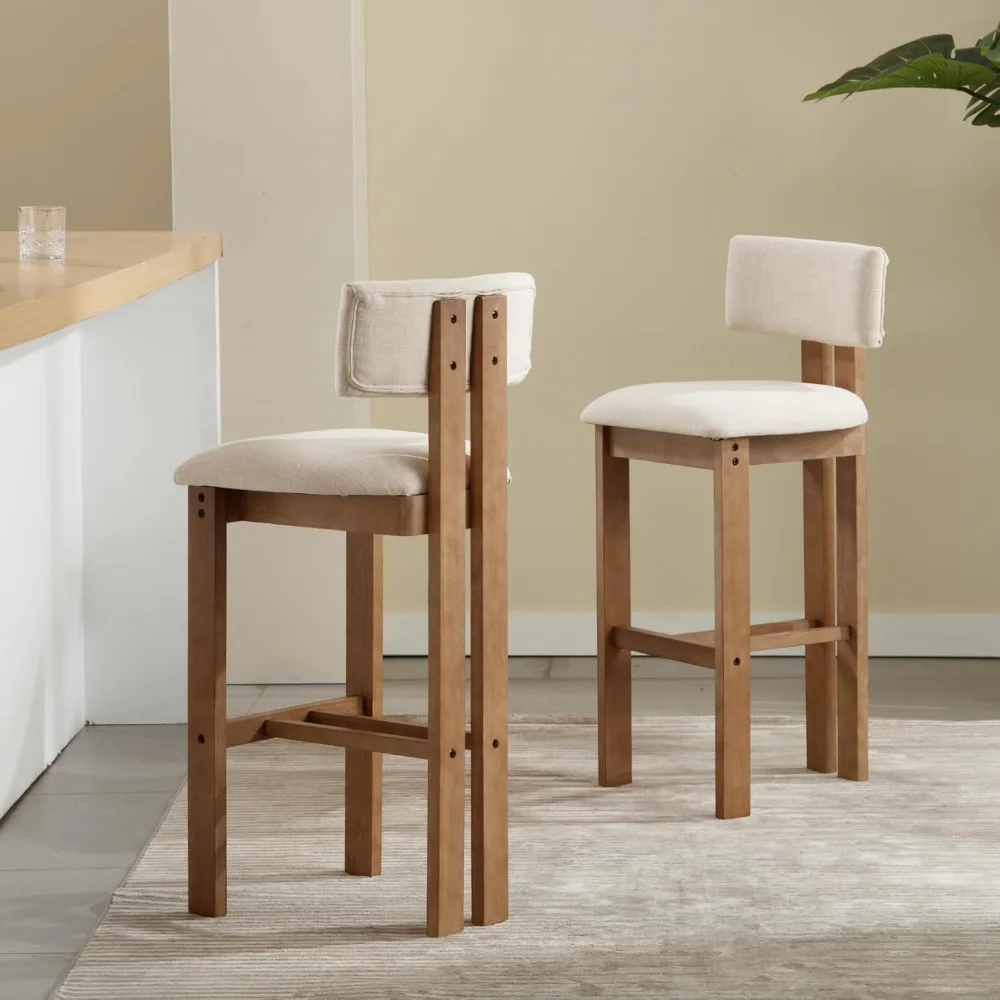 

Mid Century Modern 30" Tall Bar Height Stools Set of 2, Farmhouse Comfy Upholstered Wooden Barstools with Footrest for Kitchen I