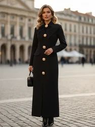 Freeacy Women's Formal Evening Dress Bow Tied Buttoned Long Sleeve Slim Fit Ankle-length Dress 2025 Female Fashion Party Dresses