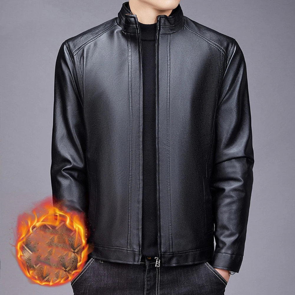 Black Fleece Lined Stand Collar Jacket for Men Imitation Leather Material Long Sleeve Regular Fit Outerwear Coat