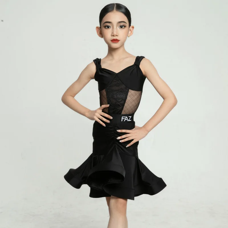 

Customized Latin Dance Suit Practice Dress Girls Competition Dress Black Mesh Spliced Fishbone Performance Suit Split Set
