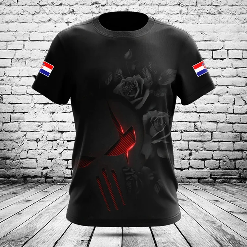 Customized Summer Casual Croatia Flag Rose Graphic T-shirts Crewneck Men's Fashion E-Sports Jersey Non Fading Short Sleeve Tops