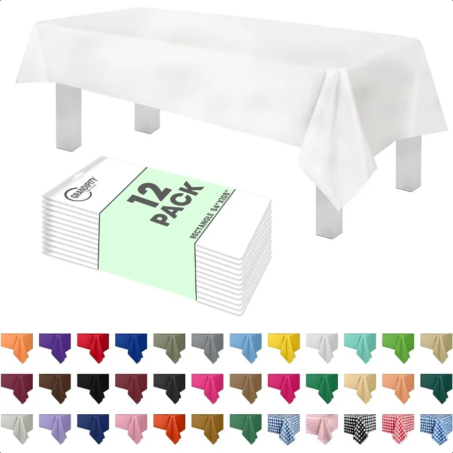 

12 Pack Premium Plastic Tablecloth 54 Inch. x 108 Inch. with 0.m Thickn Table Cover White