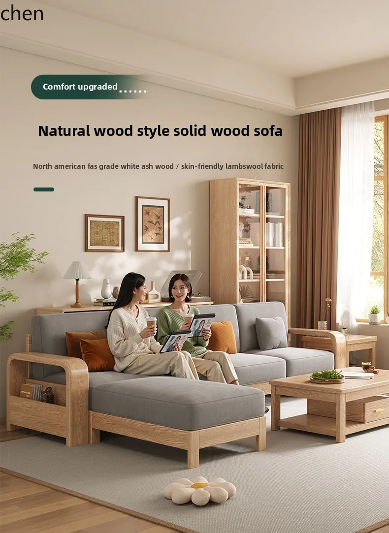 PYH Nordic Solid Wood Sofa Set Living Room New  Style White Ash Fabric Sofa Large and Small Natural Wood Furniture