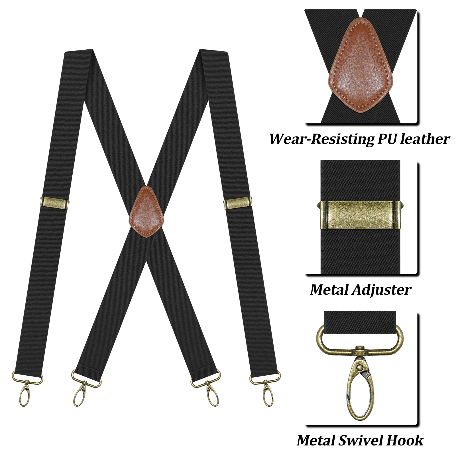 Bretelle da uomo Bretelle da uomo nere con retro a X resistenti 4 ganci per jeans Bretelle da lavoro elastiche larghe 1,4 pollici regolabili
