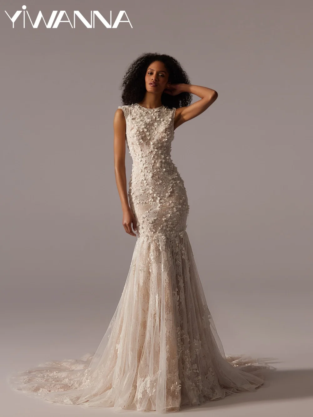 

Champagne Beaded Lace Wedding Dress Oneck Sleeveless Impressive Bridal Gown Customized Floor-length Mermaid Dresses For Bride