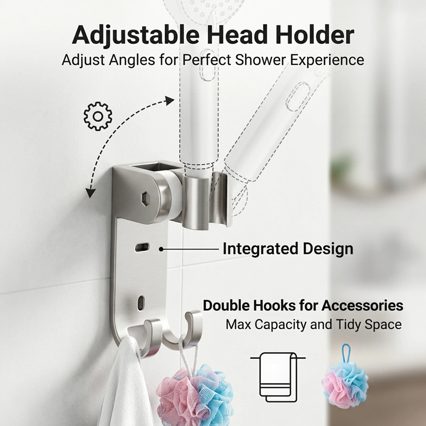 Space Aluminum Shower Head Holder No Drill Wall Mount Bracket With Hooks Waterproof Anti Fall Heavy Duty Bathroom Accessory