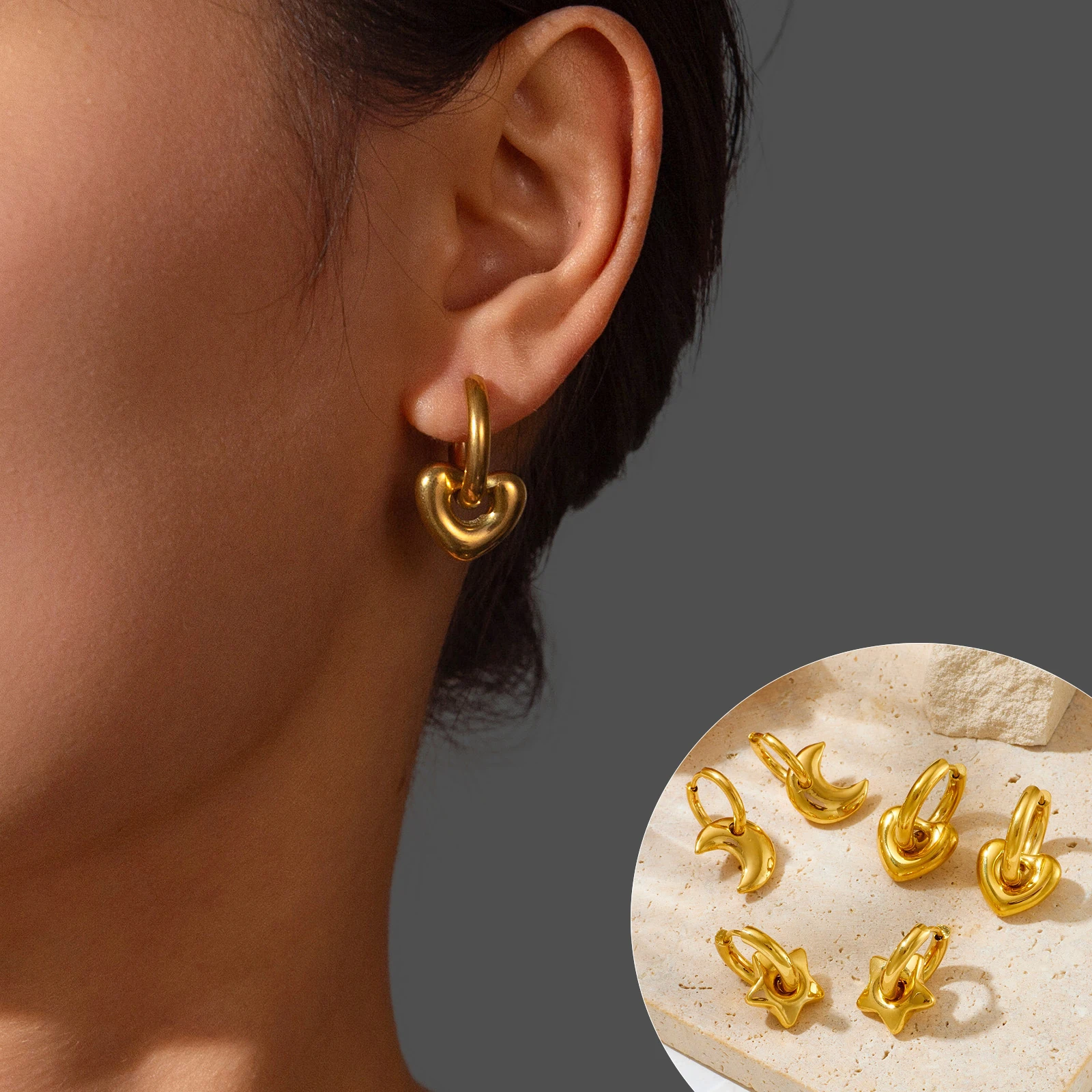 Tarnish Free Chunky Fashion 18k Gold Color Silver Plated Sunflower Star Heart Hoop Stainless Steel Earrings Women