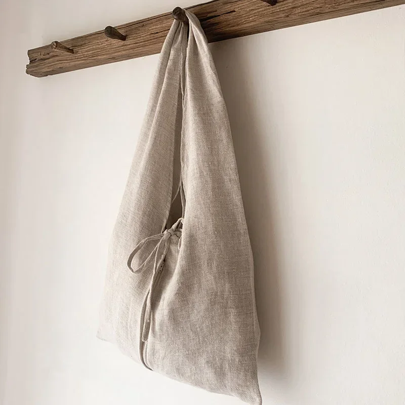 Retro Casual Linen Shopping Bags Women Reusable Sundries Bags Foldable Bandage Lace Up Travel Beach Shoulder Large Handbags