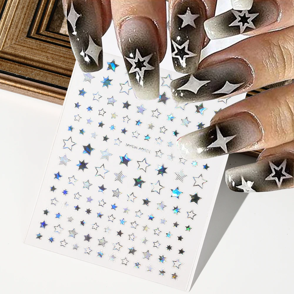 Laser Solid & Hollow Stars Nail Sticker 3D Holographic Gold/Silver Pentagram Stars Slider 9Colors Self-Adhesive Nail Decals*R52