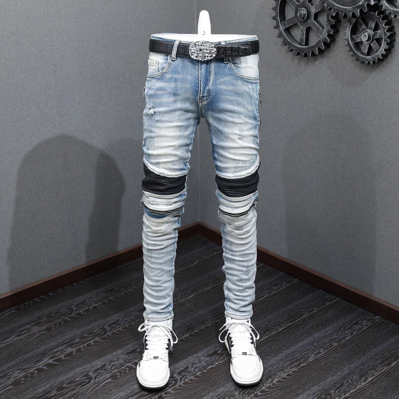 

High street fashion new men's jeans stretch slim fit retro washed blue patchwork jeans hip-hop brand pants hombre