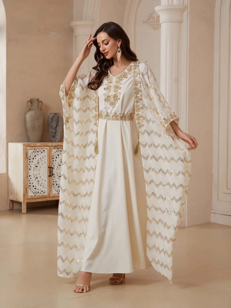 Elegant Ladies Dress Beaded Two-Piece Set Independent Station Cross-Border Fashion Polyester Embroidered Long Skirt with Belt