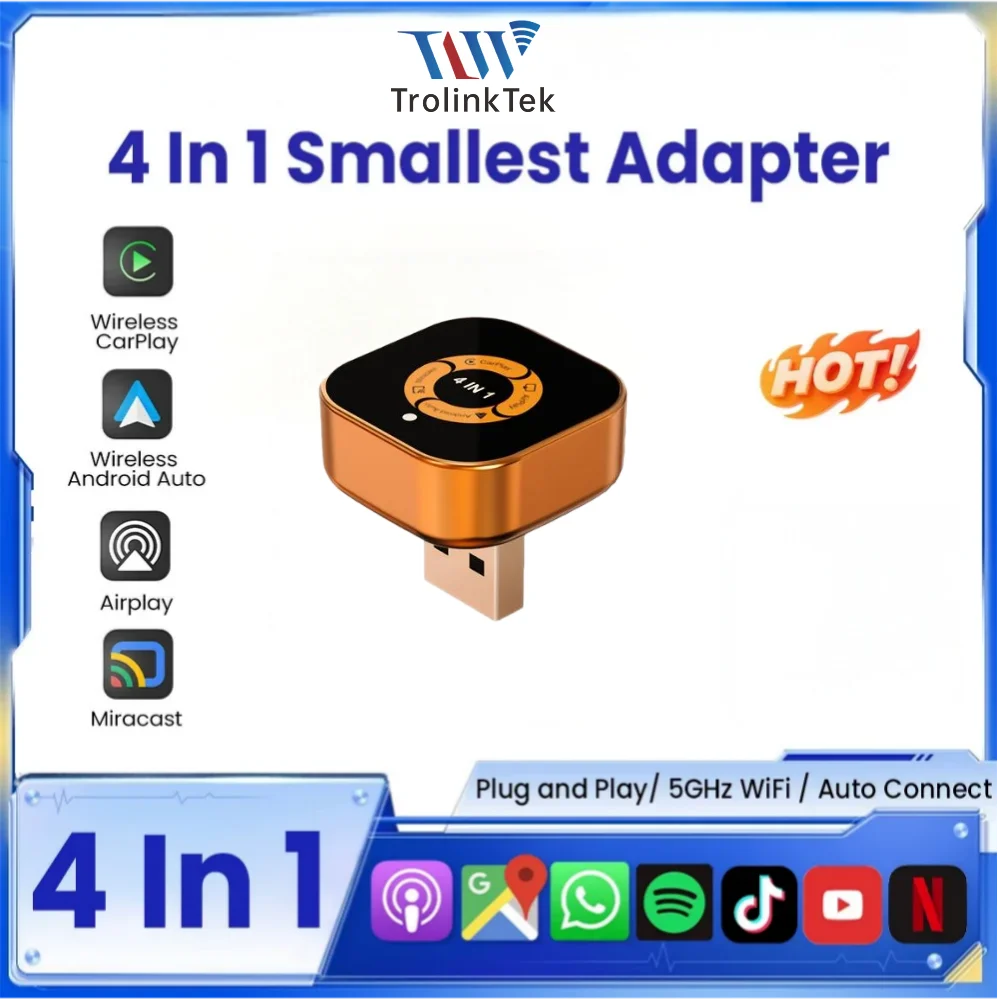 Universal 4 In 1 Car Wireless Adapter Wireless CarPlay Android Auto HiCar Mirror Link Smart AI Box Portable Car Multimedia Upgra