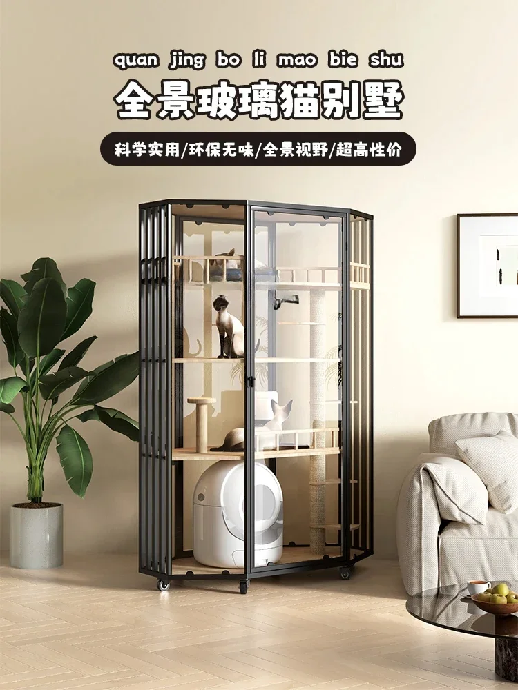 Panoramic Luxury Cat Cage Nest House Villa Cat Cabinet Automatic Litter Box Large Free Space Home
