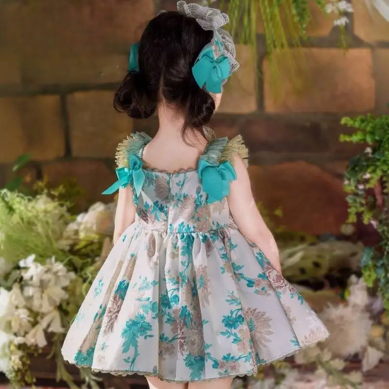 Vintage Blumenmuster Kinder Lolita Kleid 3-teiliges Set Baby Mädchen Grünes Spitzen-Trägerkleid Prinzessin Geburtstag Party Fotoshooting Outfit – Detail 3