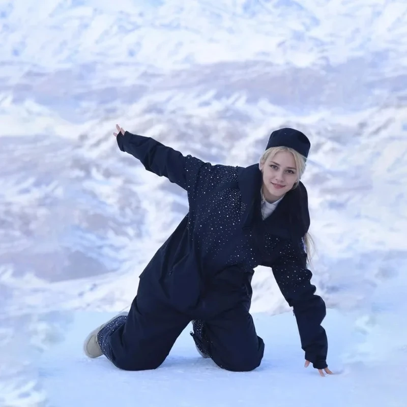 

2026 New Single Double Board 3L Sparkling Diamond Suit Velvet Waterproof Wear Resistant Snowboard Set Woman Loose Jacket Pants