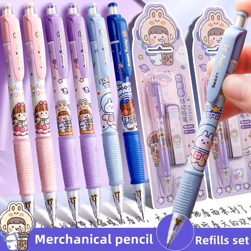 

Sweet Funny Mechanical Pencil Set Cartoon Rabbit Design Automatic Pen with 12pcs HB 0.5mm Refills Lead Eraser Student A7202